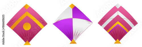 A vibrant collection of three colorful diamond-shaped kites with unique geometric patterns.