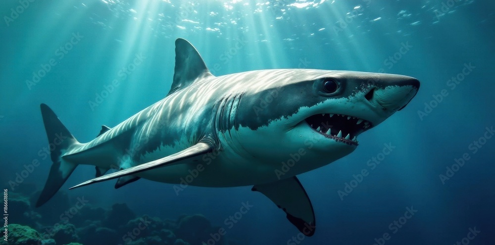 Obraz premium Massive great white shark underwater, eyes fixed, hunting, danger, shadow, dark