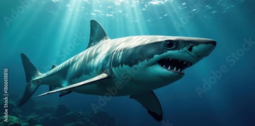 Massive great white shark underwater, eyes fixed, hunting, danger, shadow, dark