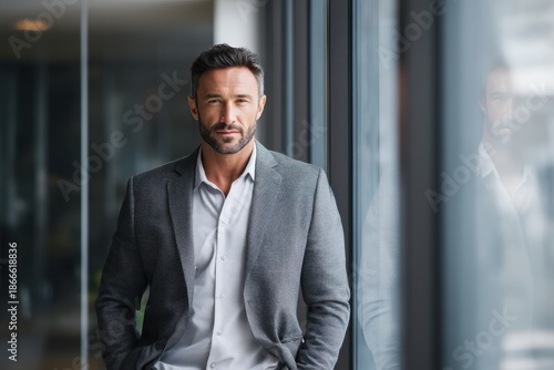 Wallpaper Mural Professional man in gray suit by large window in office setting Torontodigital.ca