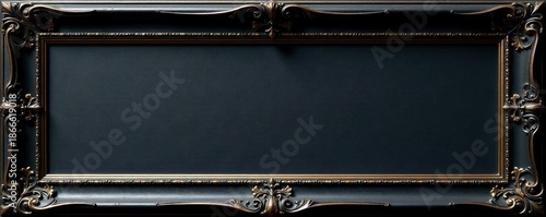 Ornate black wood frame, subtle gold highlights, elegant, worn
