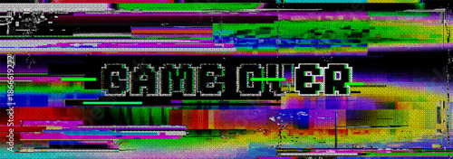 A vibrant pixel art game over message with a colorful digital glitch screen effect and distorted vhs noise background perfect for a retro gaming poster banner or technology concept