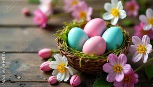 Pastel colored eggs nestled in spring flowers, on rustic wooden surface, cute, illustration