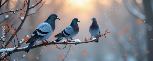 Pigeons and magpie on leafless branches, winter scene, birds, photography