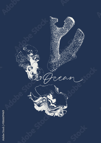 Vector tropical underwater style poster of seashells and corals collection Isolated on dark blue background. Card for interior design, prints, fabric or background.