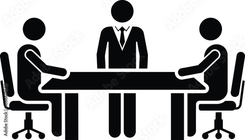 Business meeting silhouette illustration, office discussion people sitting at table, corporate teamwork and negotiation concept, black vector icon design