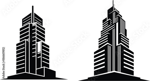 Modern skyscraper building silhouette illustration, urban high rise towers architecture design, corporate city skyline elements, black and white vector icon