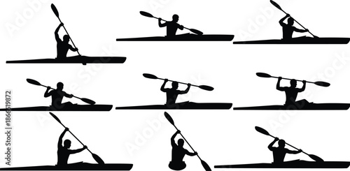 Kayaking and canoe sport silhouette collection, athlete paddling kayak on water, outdoor adventure rowing activity poses, black vector illustration set