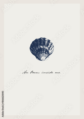 Vector tropical underwater style poster of blue seashell Isolated on beige background. Card for interior design, prints, fabric or background.