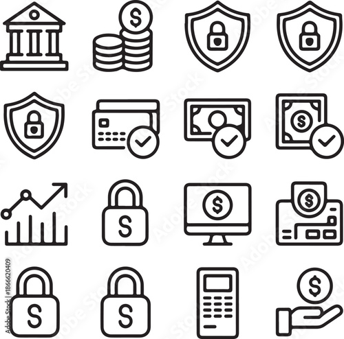 Financial assistance icons collection. Outline symbols. Line design