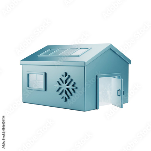 Wallpaper Mural 3D icon of a blue cold storage house with snowflake and frosty open door, symbolizing refrigeration and preservation on a clear no background Torontodigital.ca