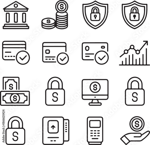 A set of doodle line icons showing financial elements like cash flow, currency exchange, investment growth, budgeting, and income