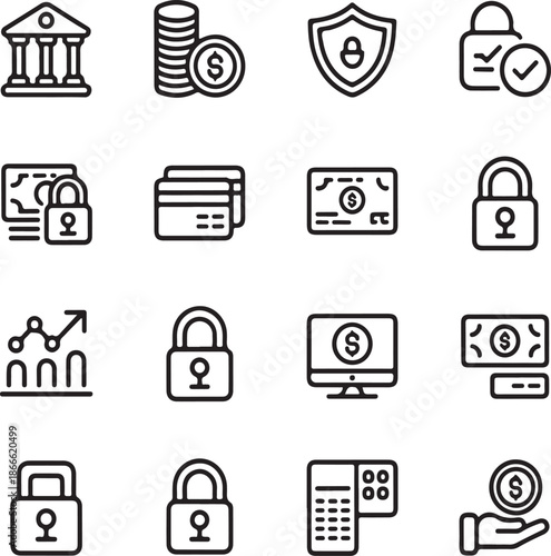 Money protection shield icon set. Financial security line icons. Safe payment, investment insurance, and secure transaction concepts. 
