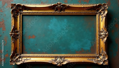 Tarnished gold frame, distressed finish, ornate detailing, rococo, baroque