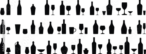 Alcohol bottles and glasses silhouette set, wine beer whiskey bar drinkware collection, pub beverage shapes, black vector illustration