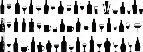 Alcohol bottles and glasses silhouette collection, wine beer whiskey drinkware shapes, bar and pub beverage set, black vector illustration