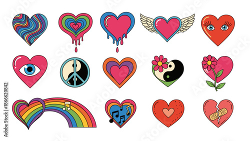 Collection of colorful heart and love themed icons and symbols