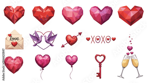 Collection of colorful heart and love themed illustrations and icons