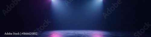 Two bright spotlights illuminate a dark, empty stage , illumination, light, presentation