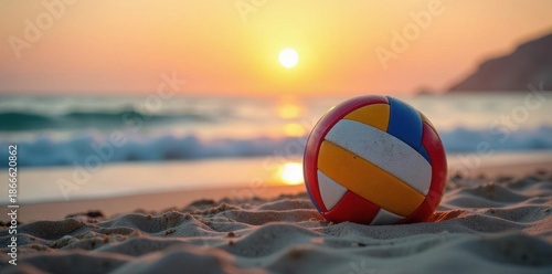 Two volleyballs on beach sand near ocean, sunset, horizon, light