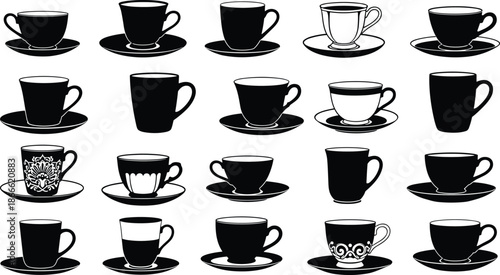 Coffee and tea cup silhouette collection, mugs and cups with saucers shapes, hot beverage drinkware set, black kitchen vector illustration