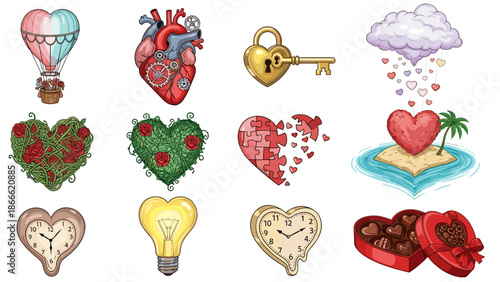 Collection of heartshaped objects and symbols for love and romance