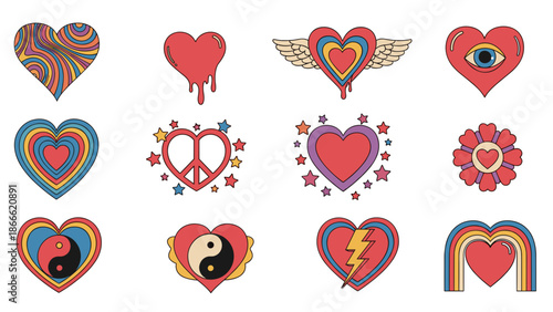 Collection of colorful love hearts symbols with various designs and styles