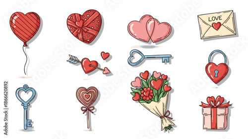 Collection of romantic love symbols including hearts keys and flowers