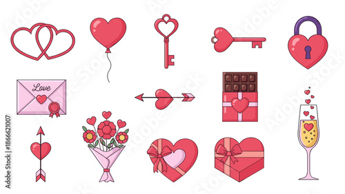 Collection of romantic love symbols including hearts keys and gifts