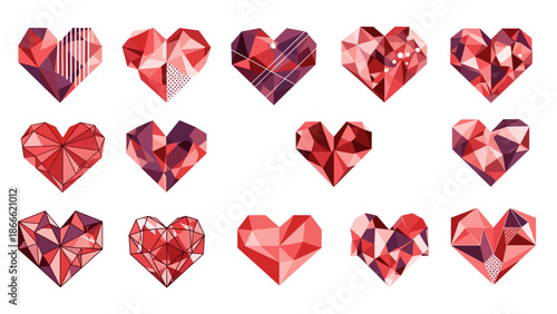 Collection of various pink and red faceted heartshaped gemstones