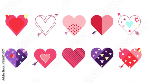 Collection of colorful heart icons with various patterns and styles