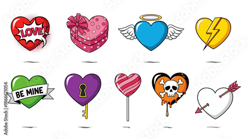 Collection of colorful love and heart themed icons for romance
