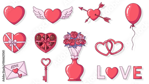 Collection of romantic love symbols including hearts and flowers