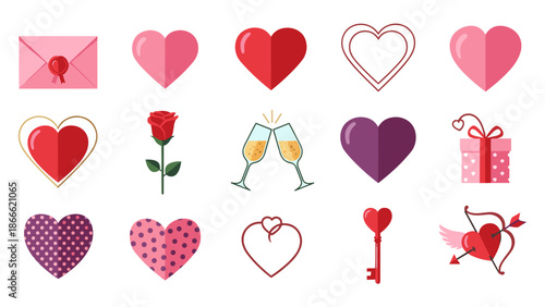 Collection of romantic love symbols including hearts roses and gifts
