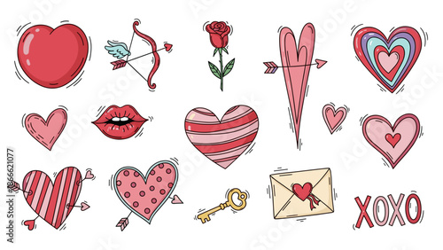 Valentines day themed illustrations of hearts roses lips and love symbols