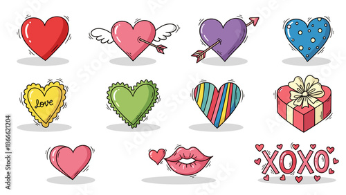 Collection of colorful love and romance symbols and icons