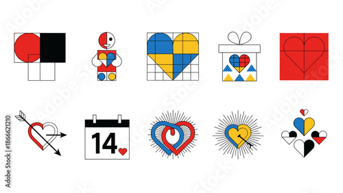 Collection of colorful love and heart themed icons and symbols