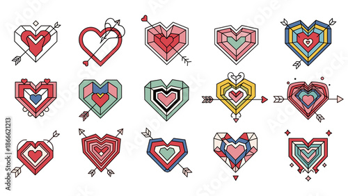Collection of colorful handdrawn hearts with various patterns and styles