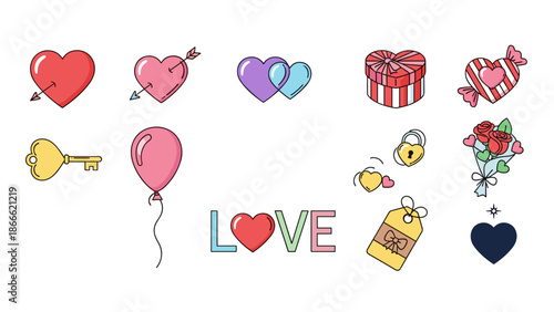 Collection of colorful love and romantic themed icons and symbols