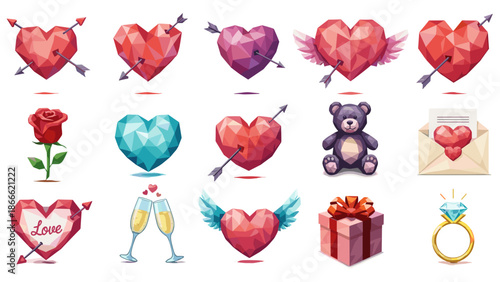 Collection of romantic love symbols including hearts roses and gifts