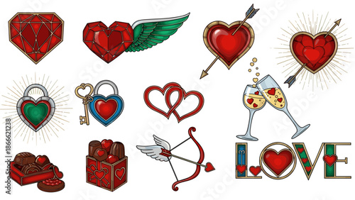Collection of romantic heart and love themed illustrations and icons