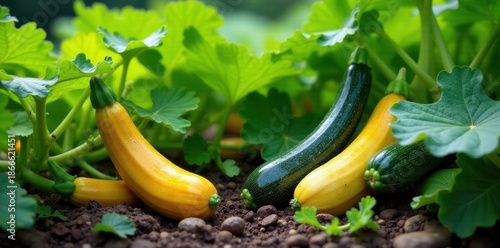 Zucchini and yellow squash vines sprawling across garden bed , ground, green