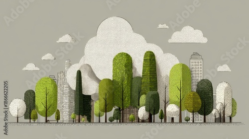 Graphic representation of a city skyline with merged tree and green space icons indicating urban forestry and sustainable canopy design