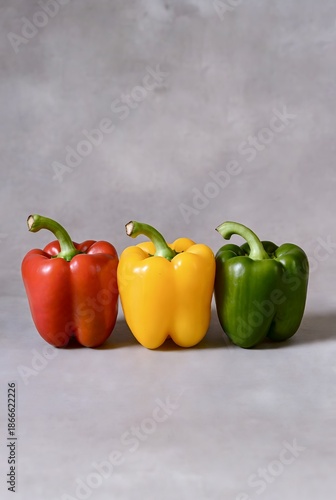 Vibrant and Fresh Bell Peppers in a Row, Showcasing a Trio of Red, Yellow, and Green Colors, Perfect for Healthy Cooking and Culinary Creations