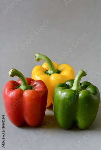 A trio of fresh, vibrant bell peppers including red, yellow, and green varieties, artfully arranged on a neutral background
