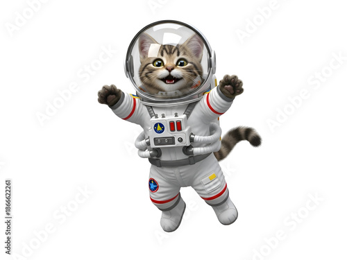 Cute Tabby Cat Astronaut in Spacesuit Floating Happily Isolated on Transparent Background Isolate...