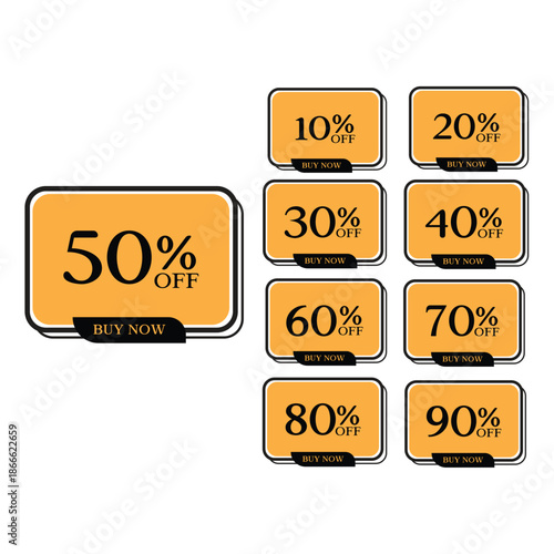 Sale Discount Labels Set with Percentage Off and Buy Now Buttons, Minimalist Promotional Vector Banners for E-commerce and Retail Marketing