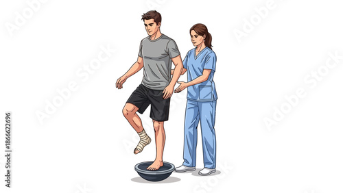 Professional Physiotherapist guiding a male patient through rehabilitation balance exercises after an ankle injury