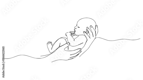 Minimalist One Continuous Line Art Mother Hands Cradling Newborn Baby Elegant Simple Parenting Love Bonding Concept Vector Illustration Isolated White Background Modern Design