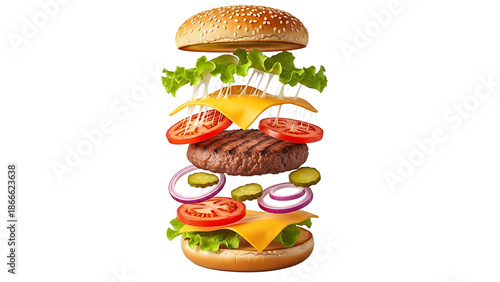 A mouthwatering double-decker burger with melted cheese and fresh vegetables on transparent background